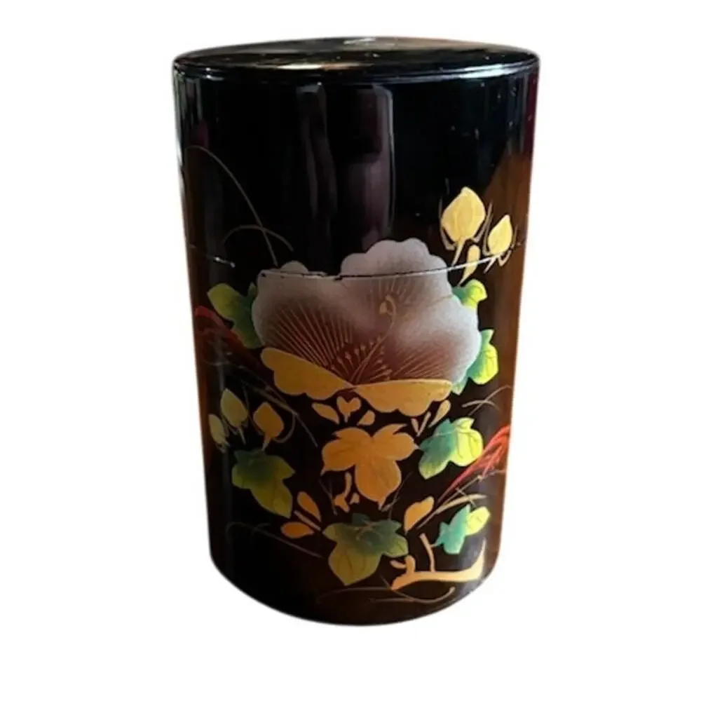 Vintage Japanese Black Lacquerware Tea Canister Chazutsu Floral Gold Maki-e J